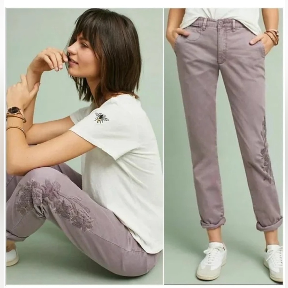 Chino by Anthropologie Relaxed Fit Embroidered lavender purple Pants size 25